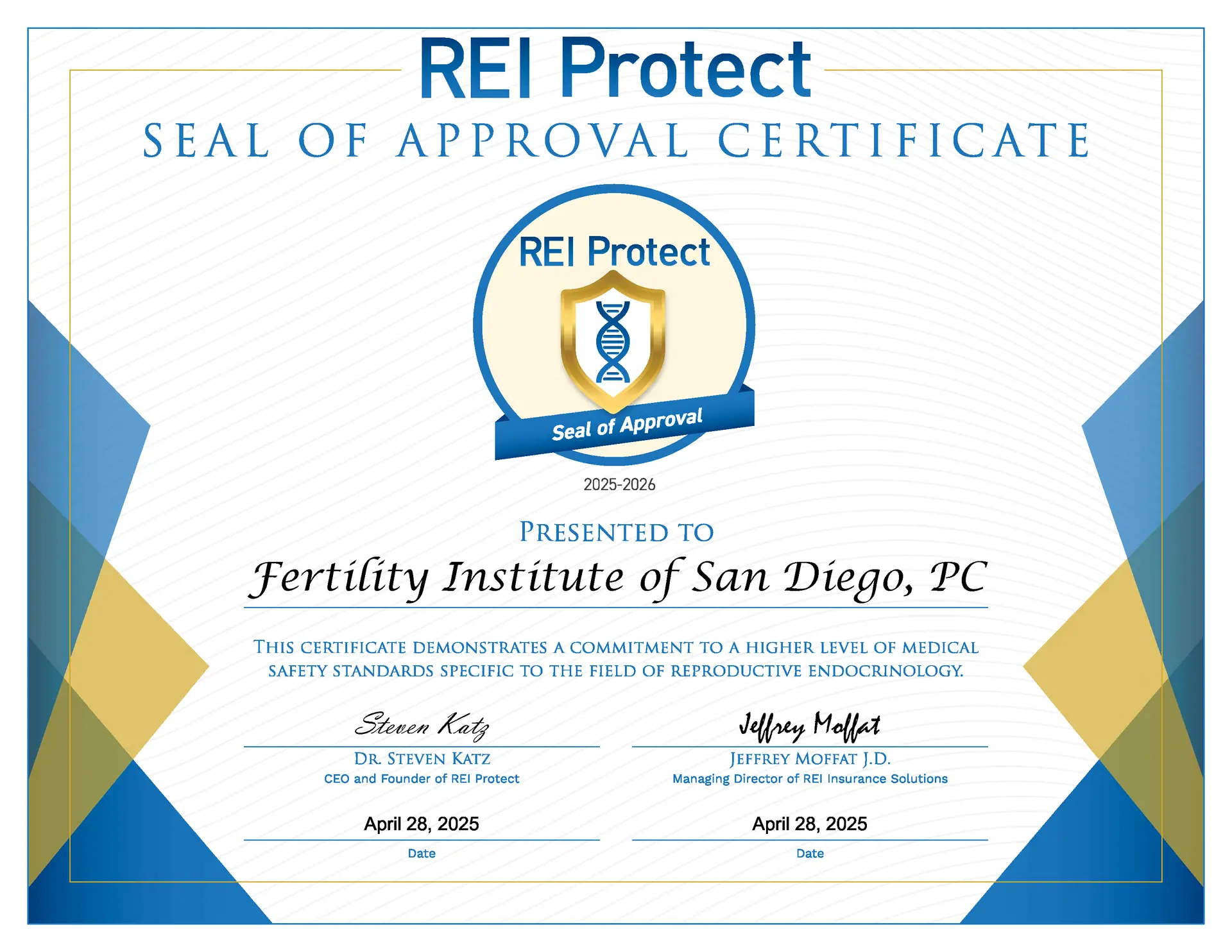 REI Protect Seal Of Approval Certificate Fertility Institute Of San Diego